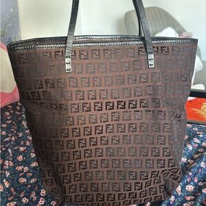 Faux Monogram Large Brown Tote Bag with Black Handles